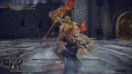 A warrior in armour attacks a hero with a lance in Elden Ring.