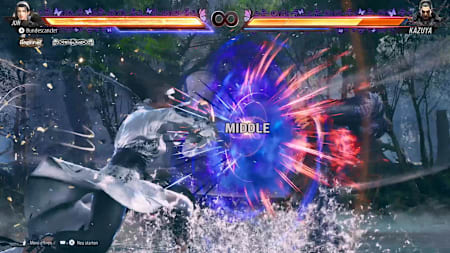 Jun uses a heat burst on Kazuya during a Tekken 8 match.