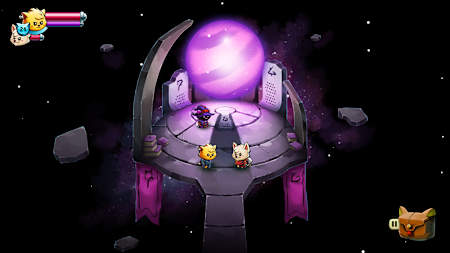 Screenshot from Cat Quest 2 shows the main characters in the form of a cat and a dog in a mage tower with a purple glowing sphere.