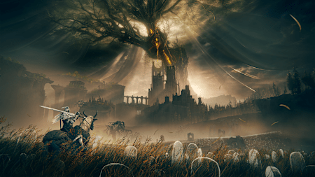 Artwork from Elden Ring: Shadow of the Erdtree shows the character in a meadow with the Erdtree in the background.