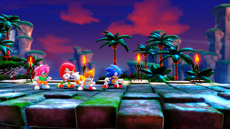 Screenshot aus Sonic Superstars zeigt Sonic, Tails, Knuckles und Aimy.