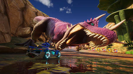 Screenshot aus Sonic Racing CrossWorlds zeigt Sonic beim Rennen neben einem T-Rex.