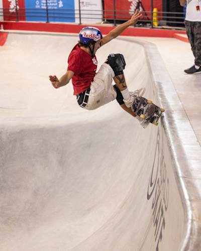 Jagger Eaton caresses the lip of the Aljada skatepark in Sharjah, UAE