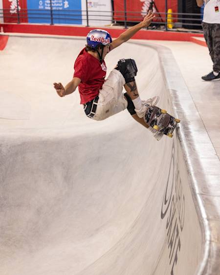 Jagger Eaton caresses the lip of the Aljada skatepark in Sharjah, UAE