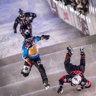 Luca Dallago leads ahead of Tory Merz, Marco Dallago and Dylan Moriarity during the ATSX Ice Cross Downhill World Championship in Saint Paul, Minnesota, United States on February 4, 2017.