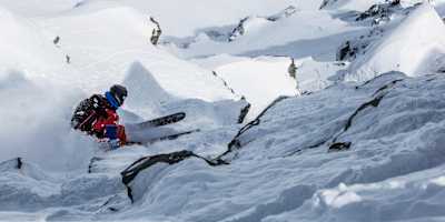 Freeskier Julien Lopez competing at the Xtreme Verbier 2014 contest in Verbier, Switzerland