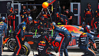 A photograph of Aston Martin Red Bull Racing's fastest pit stop record at the British Grand Prix.