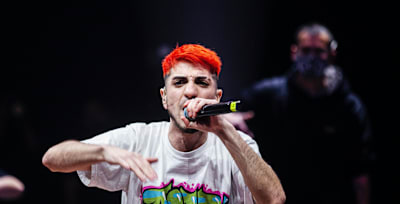 Acertijo performs on stage during Red Bull Batalla de los Gallos National Final at Canal13 TV Studio in Santiago, Chile on September 12, 2020.