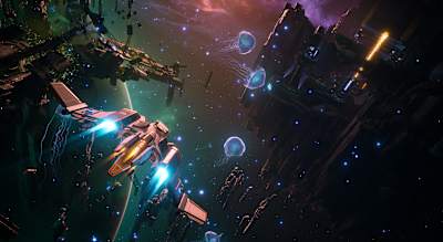 Una nave espacial vuela por el espacio.