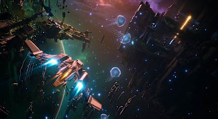 Una nave espacial vuela por el espacio.