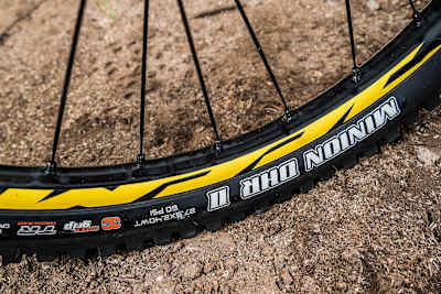 Detalle de la rueda Mavic Deemax de la Canyon Sender DH MTB de Mark Wallace.