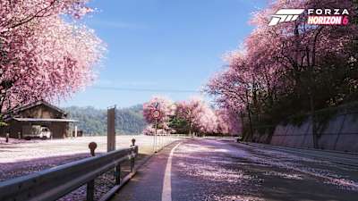 A cherry blossom-covered Japanese road in Forza Horizon 6.
