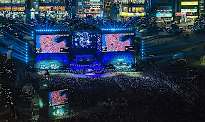 The event was streamed around the globe online A photo of the beach and stage from the StarCraft Remastered GG Together Korean launch event