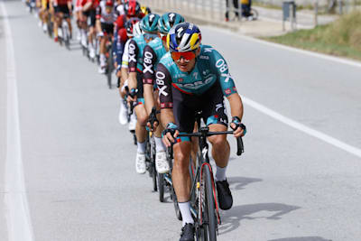 BORA-hansgrohe cyclist Toni Palzer leading the group.