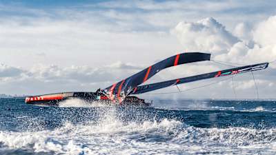 A photograph of Jimmy Spithill’s Luna Rossa team losing the mast of its AC75 foiling monohull in choppy waters during America’s Cup training off the coast of Marina di Capitana, Sardinia.