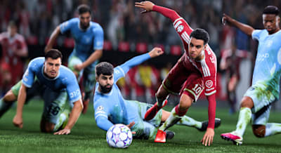 A first in-game screenshot from EA FC 27, taken during the match between Manchester City and FC Bayern Munich.
