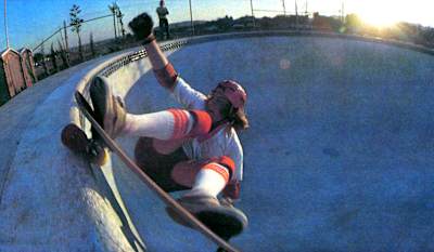 Layne Oaks grinds the lip on a backyard pool in the 1970s.