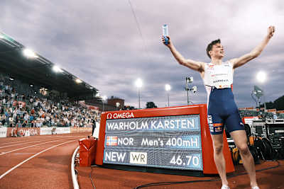 Karsten Warholm celebrates the new 400m hurdles World Record (46.70s) at home in Oslo, Norway at the Bislett Games on July 1, 2021