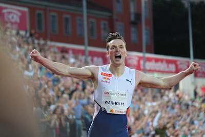Karsten Warholm celebrates the new 400 m hurdles World Record (46.70s) and Diamond League win at home in Oslo, Norway at the Bislett Games on July 1, 2021