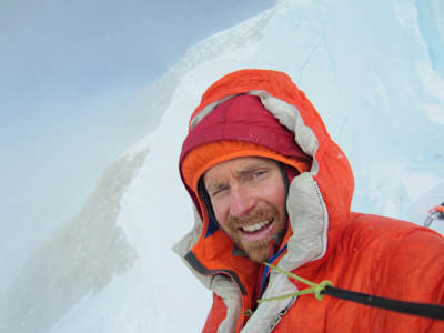 Colin Haley self portrait during the first solo ascent of the Infinite Spur, Mount Foraker, Alaska.