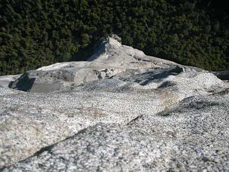 The view down the famed the Nose climbing route from the top of El Capitan in Yosemite National Park, California, USA.