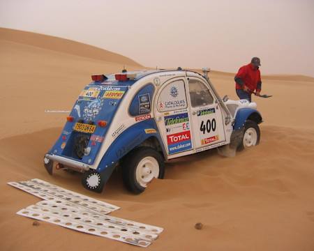 A highly modified 1963 Citröen 2CV car competed during the 2007 Dakar Rally