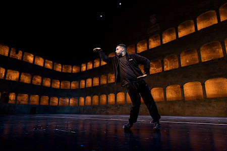 Professional tutting dancer Nelson pictured performing on stage at the Felsenreitschule in Salzburg, Austria.