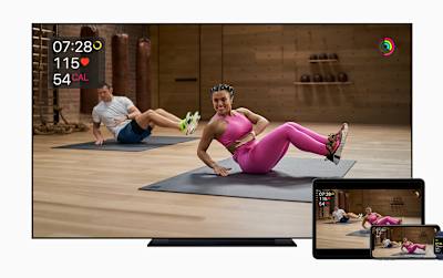 Screenshots der verschiedenen Endgeräte, auf denne die Apple Fitness+ App läuft – vom TV übers Tablet bis zum iPhone und der Apple Watch.