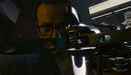A screenshot of an upgrade cutscene from an early build of Cyberpunk 2077