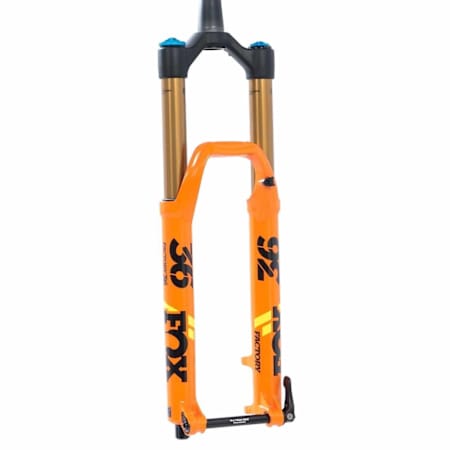 A view of the factory-edition orange Fox Float 36 fork for MTBs.