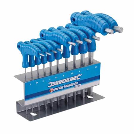 Silverline t-handle hex keys with metal storage stand.