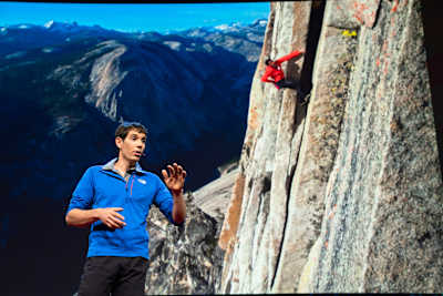 Alex Honnold speaks about his Free Solo climb and film at a Ted Conference event organised by Ted Conferences LLC.