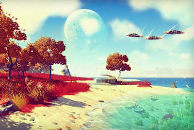 Screenshot of ships flying in No Man’s Sky video game.