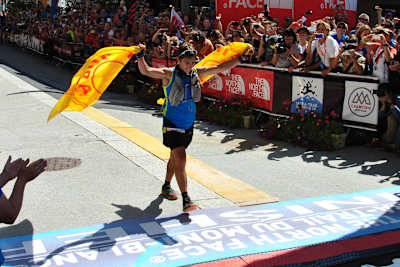Xavier Thevenard crossing the line at the 2013 UTMB.