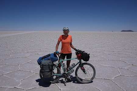 Anna McNuff posing on the Bolivian Salt Flats