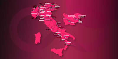 Ecco la cartolina che raffigura tutte le tappe del Giro d'Italia numero 109 che si correrà dall'8 al 31 maggio 2026.