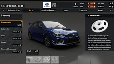Screenshot aus Forza Motorsport zeigt den Upgrade-Shop.