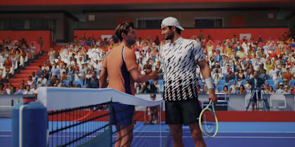Captura de pantalla de TopSpin 2K25 muestra a Andy Murray y Matteo Berrettini dándose la mano en la red.