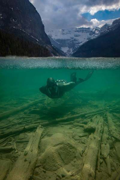 An image of a diver in shallow water with snowy mountains in the background.