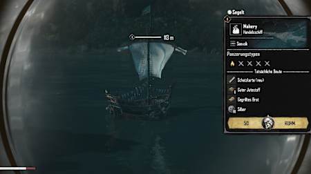 Screenshot aus Skull and Bones zeigt ein Handelsschiff, das durch das Fernrohr erspäht wurde.