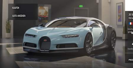 Captura de pantalla de Forza Motorsport que muestra el Bugatti Chiron en el garaje. 
