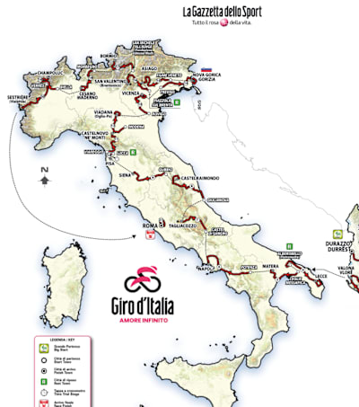 21 tappe per tre settimane di spettacolo da Durazzo a Roma. In totale i girini dovranno affrontare 3.413 km con 52.500 metri di dislivello.