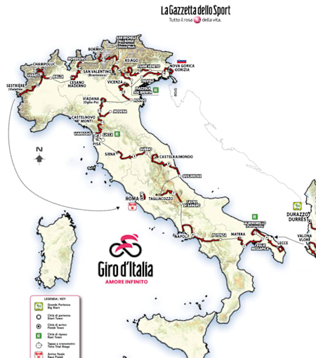 21 tappe per tre settimane di spettacolo da Durazzo a Roma. In totale i girini dovranno affrontare 3.413 km con 52.500 metri di dislivello.