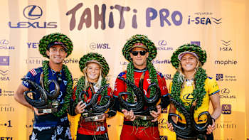 Griffin Colapinto, Caitlin Simmers, Jack Robinson and Molly Picklum after the Final at the Lexus Tahiti Pro 2025