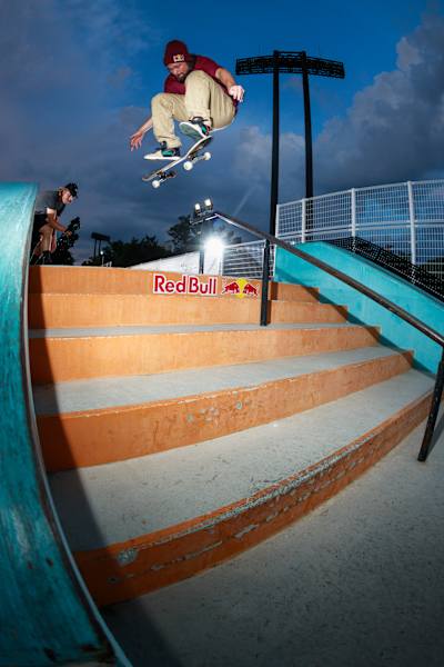 Torey Pudwill does a nollie flip at the Red Bull Drop In Tour Japan in 2023