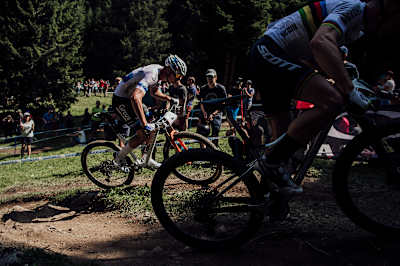 Competitors performs at the 2019 UCI World Cup in Lenzerheide, Switzerland.