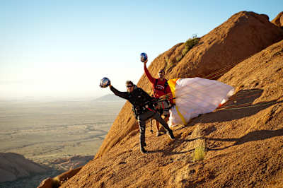 Thomas de Dorlodot and Horacio Llorens paragliding in Namibia. 