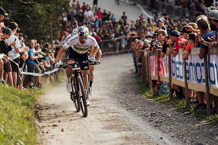 Race leaders take on a climb during the XCC race at the UCI XCO World Cup at Lenzerheide, Switzerland, on August9, 2019.