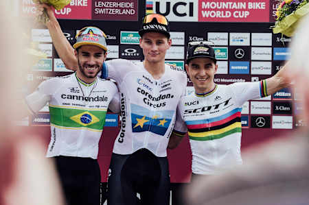 Men's podium at the XCC race at the UCI XCO World Cup at Lenzerheide, Switzerland, on August9, 2019.