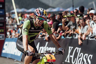 Henrique Avancini crosses the finish line at Round 5 of the UCI XCO World Cup in Vallnord, Andorra on July 13, 2018.